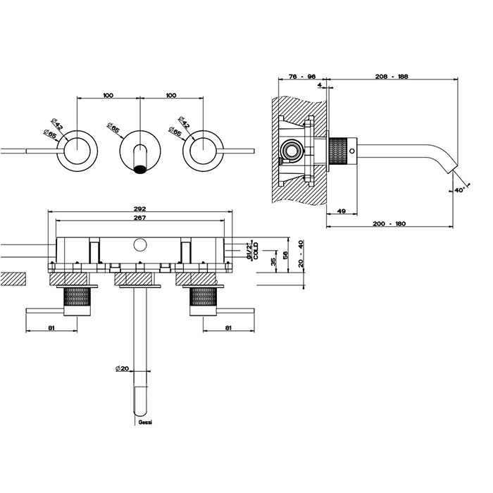 GESSI 316 Встраиваемый смеситель для раковины на 3 отверстия, излив 200-180мм (внешние части), цвет: brushed black metal pvd