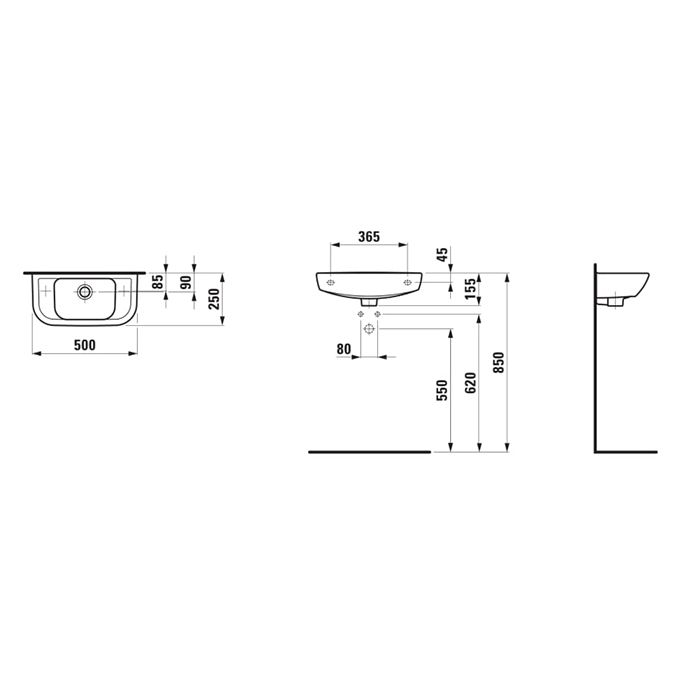 LAUFEN Pro B Раковина мини 500x250x155 мм, с 1 отв для смесителя СПРАВА, белый