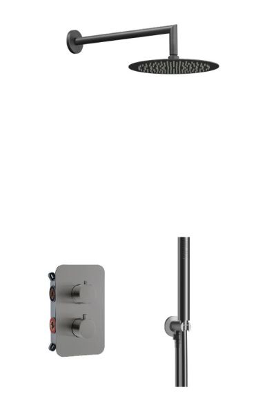 AQG Aqua, душевой комплект на 2 потребителя:c термостатом, с круглым верхним душем 25х25 см и кронштейном, цвет оружейная сталь (PVD)