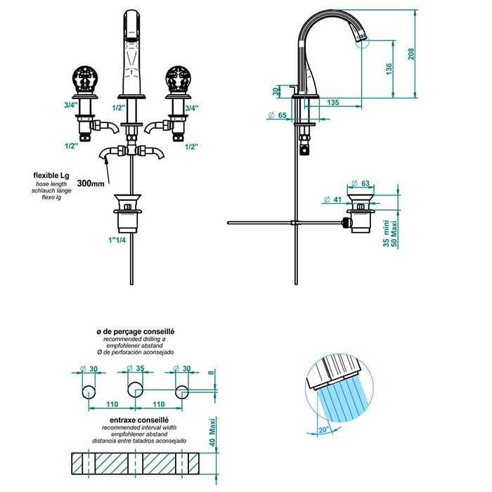 THG FLORE Смеситель для раковины на 3 отверстия, с донным клапаном, цвет хром