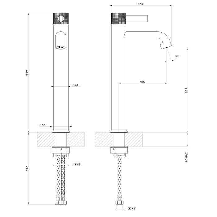 GESSI INCISO Смеситель для раковины на 1 отверстие, высокий h=337мм, без донного клапана Цвет: nero XL