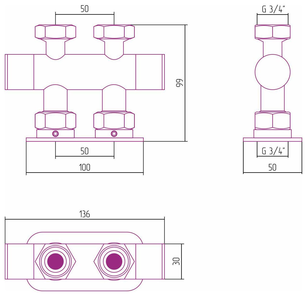 Вентиль 2х3/4" прямой скрытый-скрытый EU50 (Матовое ЗОЛОТО)
