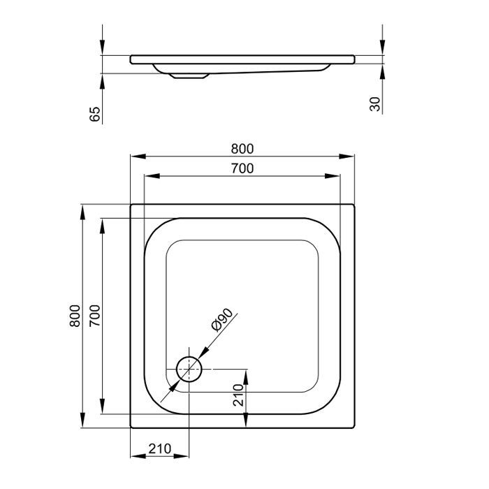BETTE Душевой поддон квадратный 80х80хh65см с отв-м слива d90мм, с шумоизоляцией и покрытием анти-слип, цвет белый