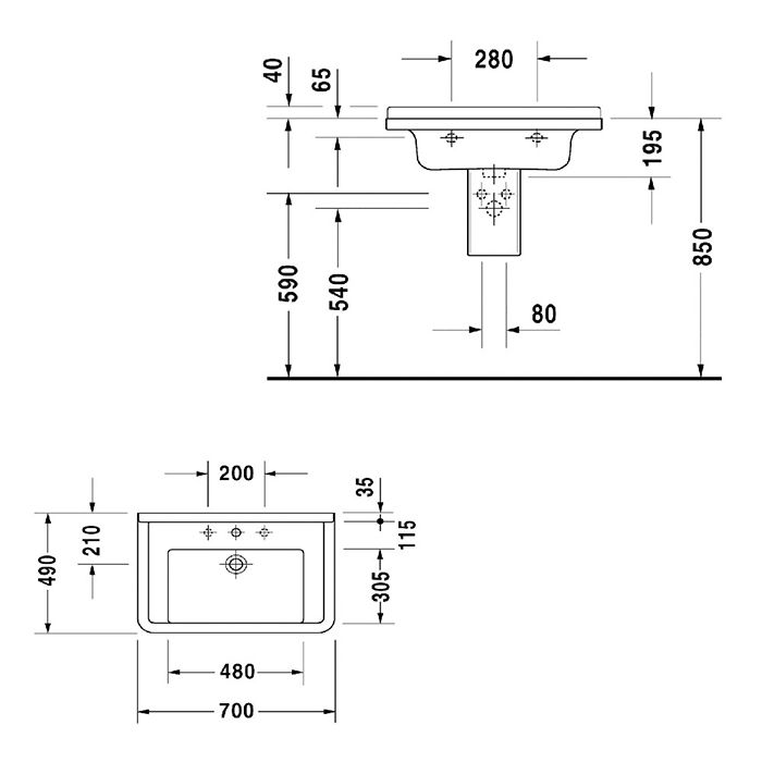 Duravit Starck 3  Раковина 700х490 мм, с переливом, с 1 отв под смеситель, цвет белый