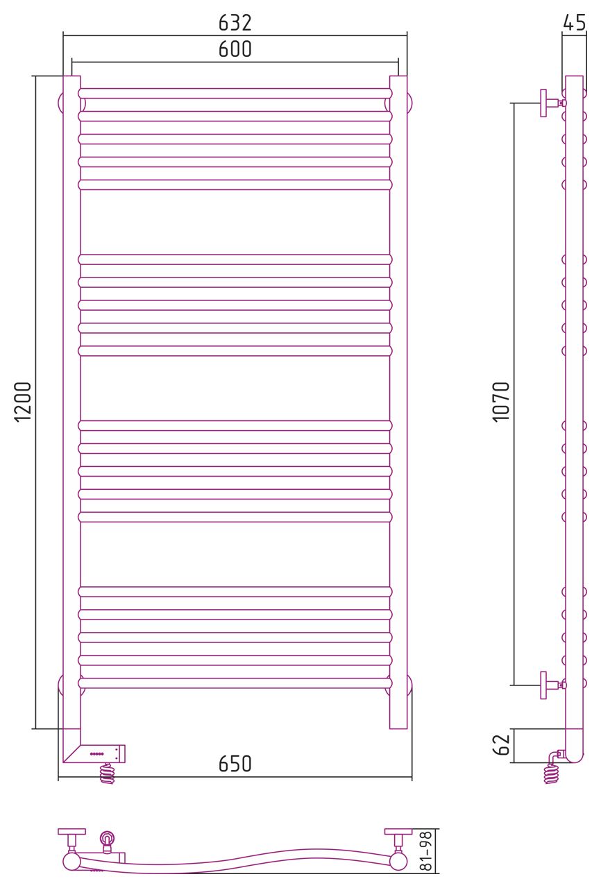 Полотенцесушитель электрический "ФЛЮИД 2.0" 1200х600 / МЭМ левый (Без покрытия)