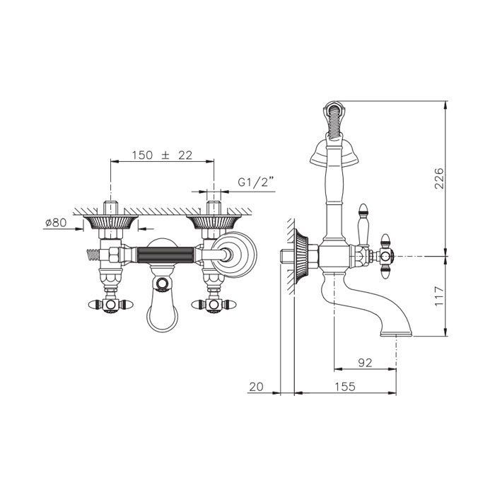 Nicolazzi Impero Смеситель для ванны с 2мя ручками, с переключателем ванна/душ, цвет: золото