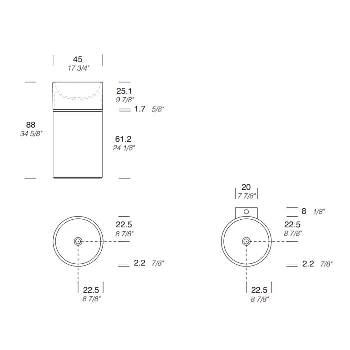 NOORTH milldue edition ROMA I Раковина напольная Ø450x880 мм., слив в пол, c донным клап, корпус Mezza Fiamma, вставка Platino, раковина Bianco opaco