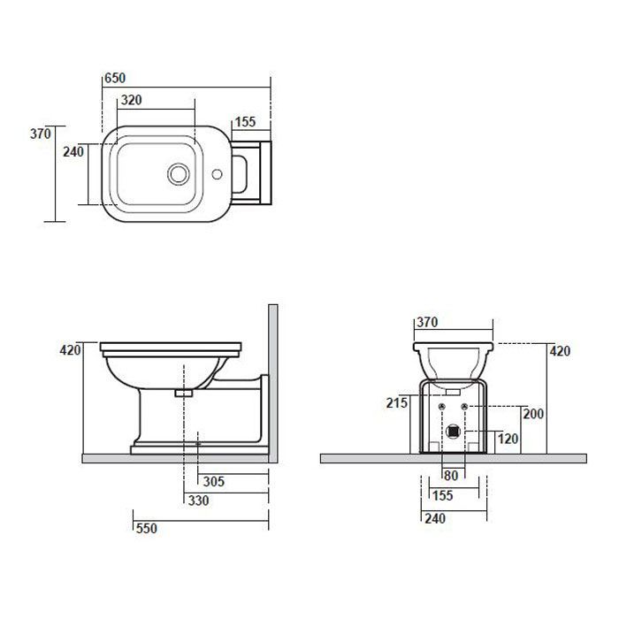 Kerasan Waldorf Биде напольное пристенное удлиненное "Prolongato" 65х37см с 1 отв. под смеситель, белое, цвет заглушки - ,бронза