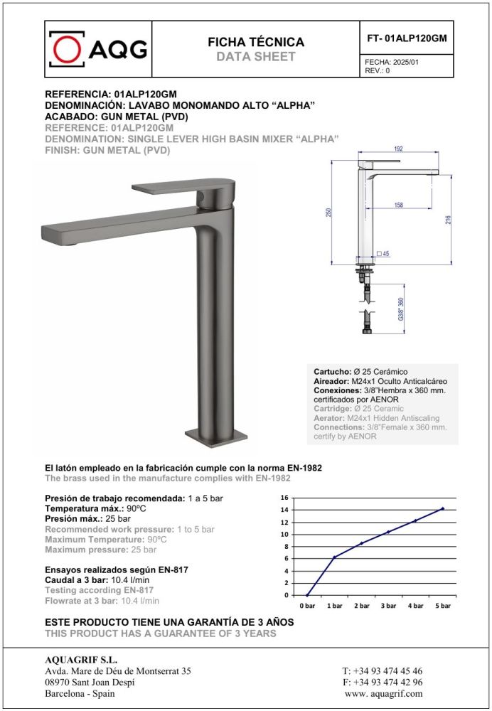 AQG Alpha, высокий однорычажный смеситель для раковины без донного клапана, цвет оружейная сталь (PVD), артикул 01ALP120GM