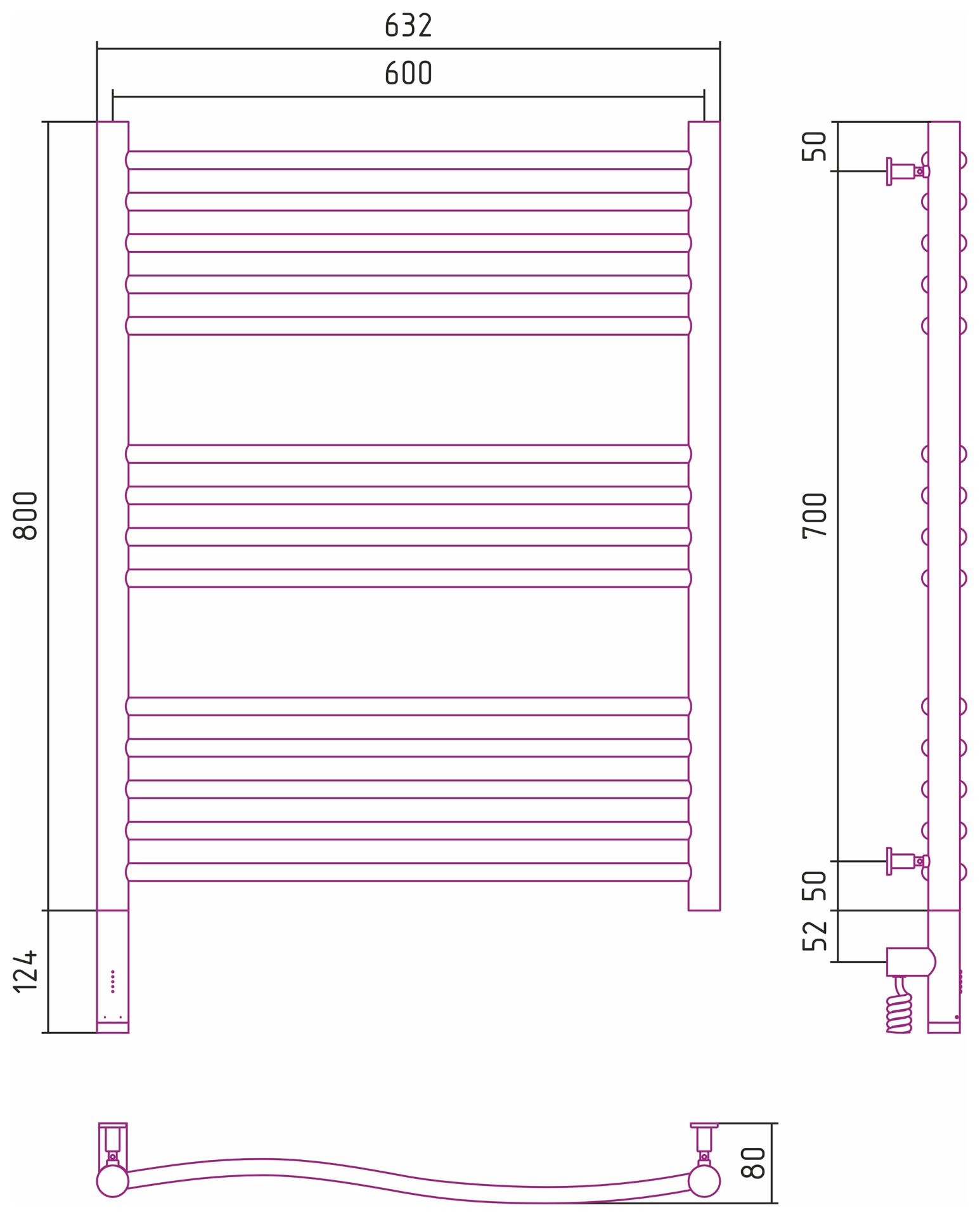 Полотенцесушитель электрический ФЛЮИД 3.0 800х600 МЭМ левый (Матовый белый)