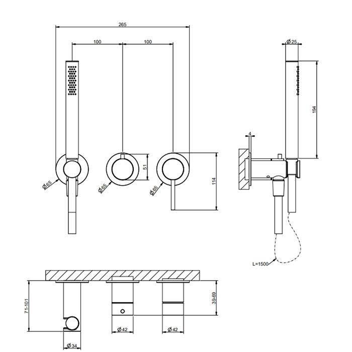 GESSI 316 Смеситель встраиваемый, однорычажный, с переключателем на 2 полож, держ с подв воды, ручн душ и шланг 1500 мм, цвет Black Metal Brushed PVD