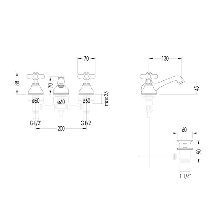 Devon City Смеситель для раковины,  на 3 отв. с донным клапаном, цвет: светлое золото, артикул UTCI100