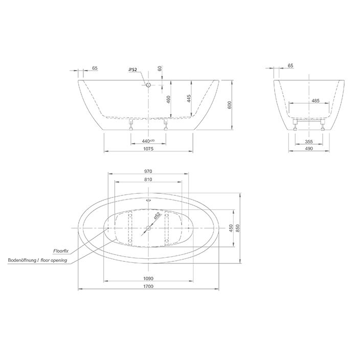 KNIEF Loom XS Ванна отдельностоящая 170*85*60см без слива-перелива, c комплектом крепления к полу, цвет: белый матов
