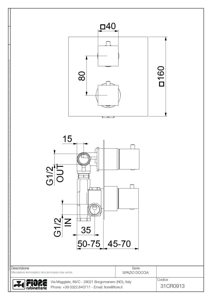 Fiore X-Termo, встраиваемый в стену смеситель для душа на 2 выхода, с термостатом (квадратная панель и ручки), цвет хром, артикул 31CR0913
