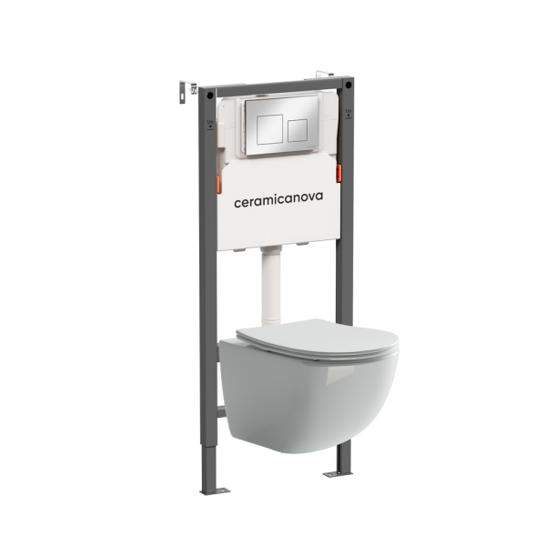 Комплект Подвесной унитаз Форма (Forma) Безободковый (Rimless) + Система инсталляции Баланс (Balance) кнопка Квадрат (Square), хром глянцевый