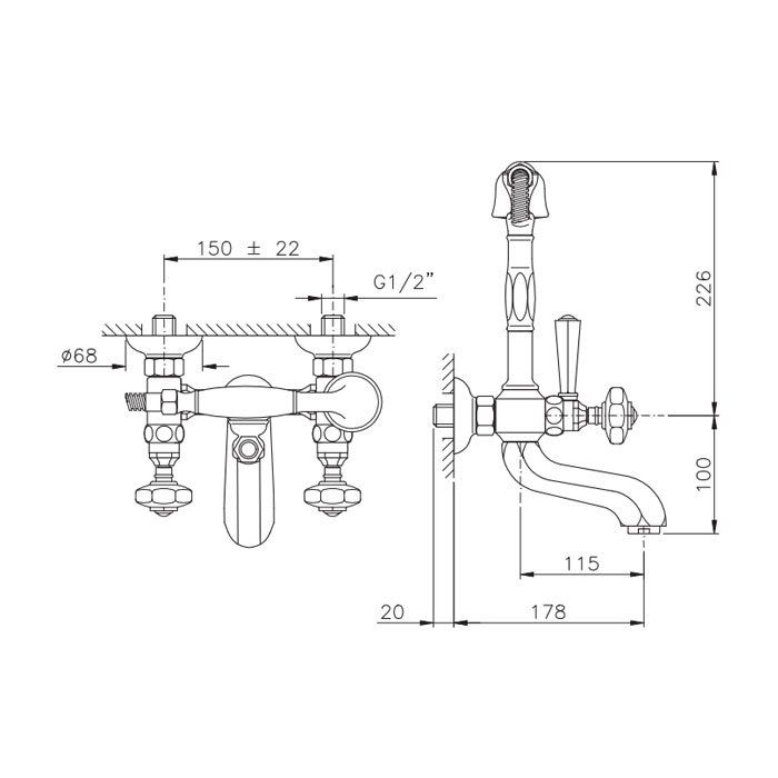 Nicolazzi Teide Chic Смеситель для ванны с 2мя ручками, с переключателем ванна/душ, цвет: золото