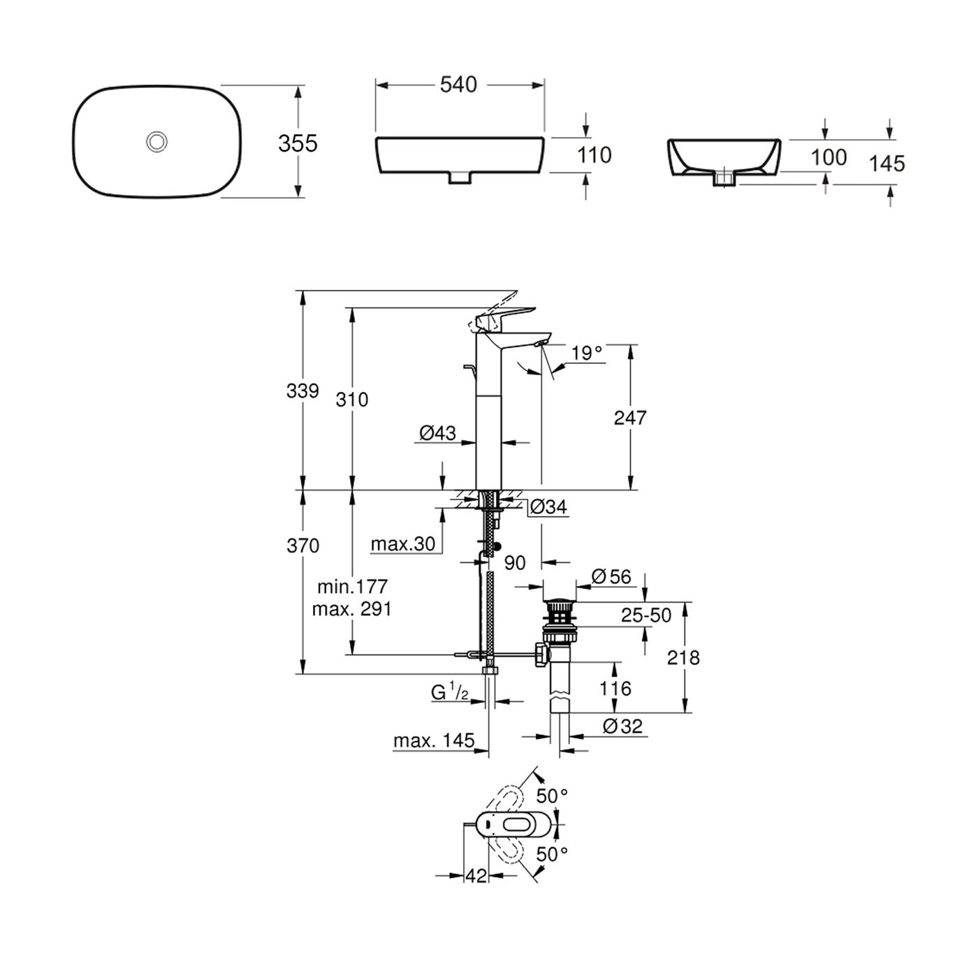 Комплект 2 в 1 Lavinia Boho Bathroom Sink Slim 21510220, накладная фарфоровая раковина 54 см, смеситель с донным клапаном