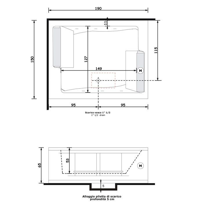 Gruppo Treesse BIS Ванна 190x150xh64 см гидром и аэром с цифр системой и сит дезинй\ф и пультом дист упр. 2 подушки белые,2 ручки,сливная колонка.