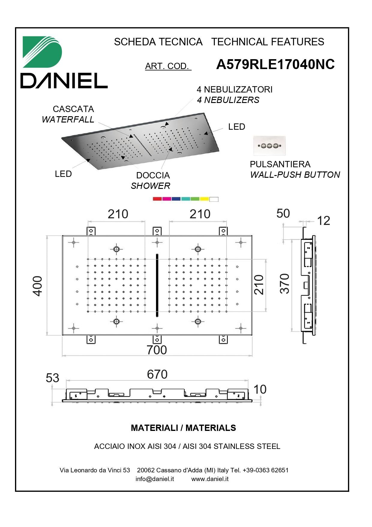 Daniel, встроенная лейка для душа (3х режимная) с 7 цветной светодиодной подсветкой, диаметр 400х700 мм, цвет хром