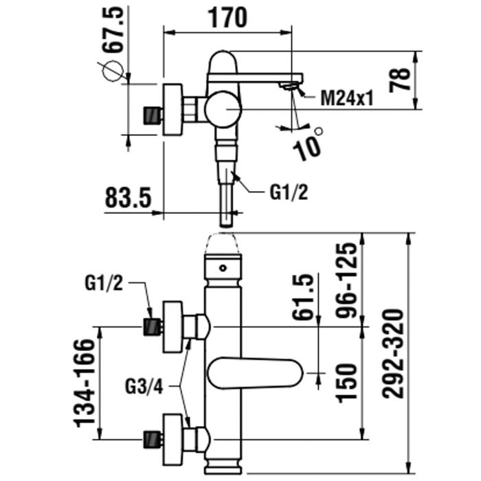 Смеситель для ванны и душа, Laufen, New Classic, тип открывания воды-однорычажный, монтаж-настенный, отверстия для монтажа-2, вынос излива, мм-170, ручной душ-в комплекте, шланг-есть, длина шланга, мм-1600, цвет-хром, артикул HF900560100600