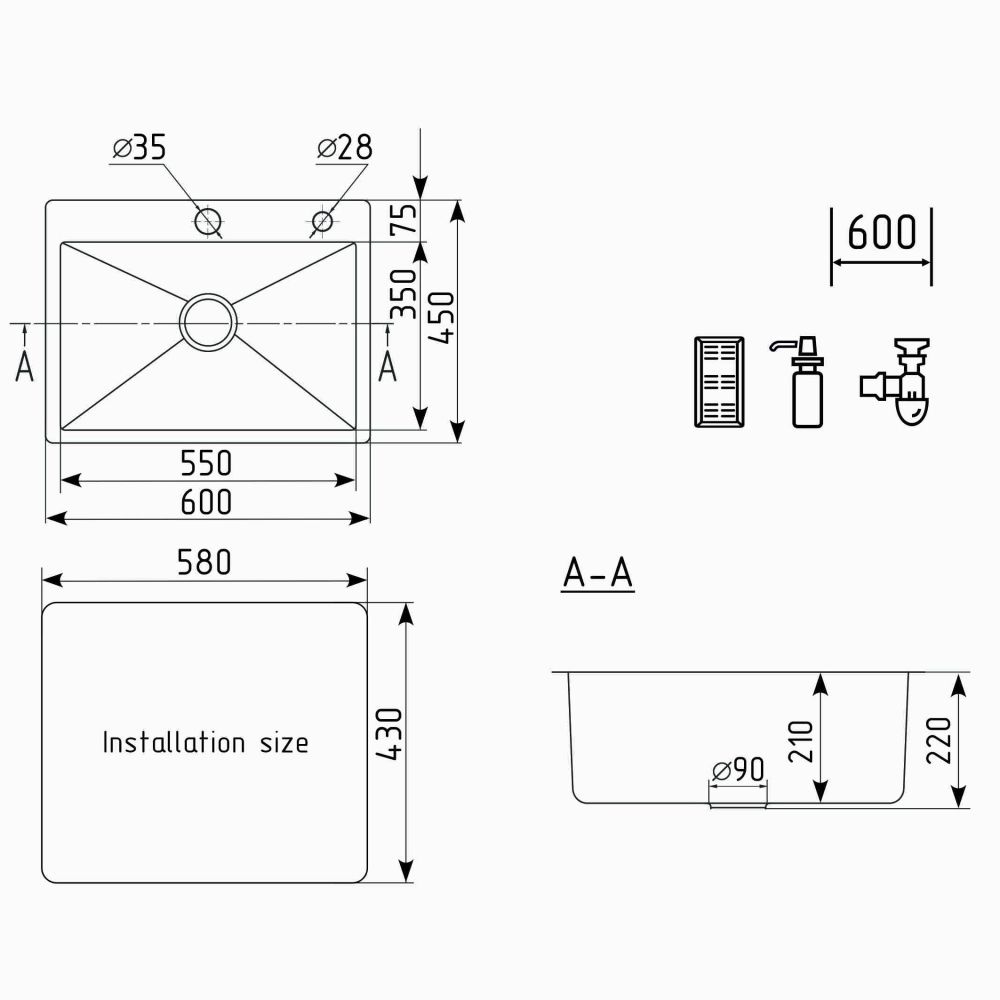 Кухонная мойка Ulgran Steel 600x450, черная брашированная сталь, артикул US 600-002