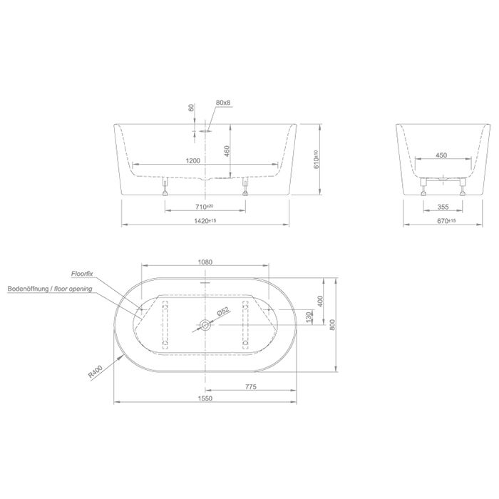 KNIEF Fresh XS Ванна отдельностоящая 155х80х60см,слив щелевой, без слив-перелива, цвет белый глянцевый