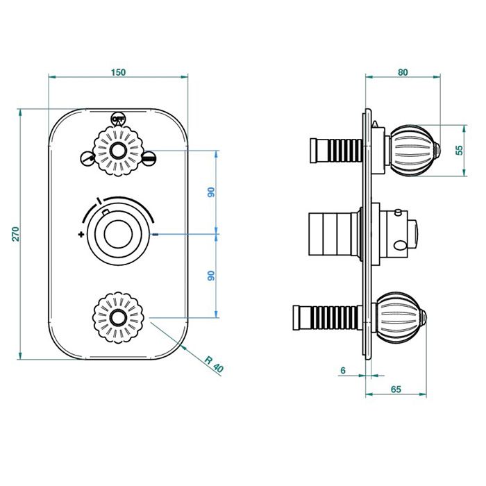 THG MANDARINE METAL Смеситель для душа встраиваемый, термостатический, с переключателем на 2 положения и запорн вентил, внешн часть, цвет хром/золото