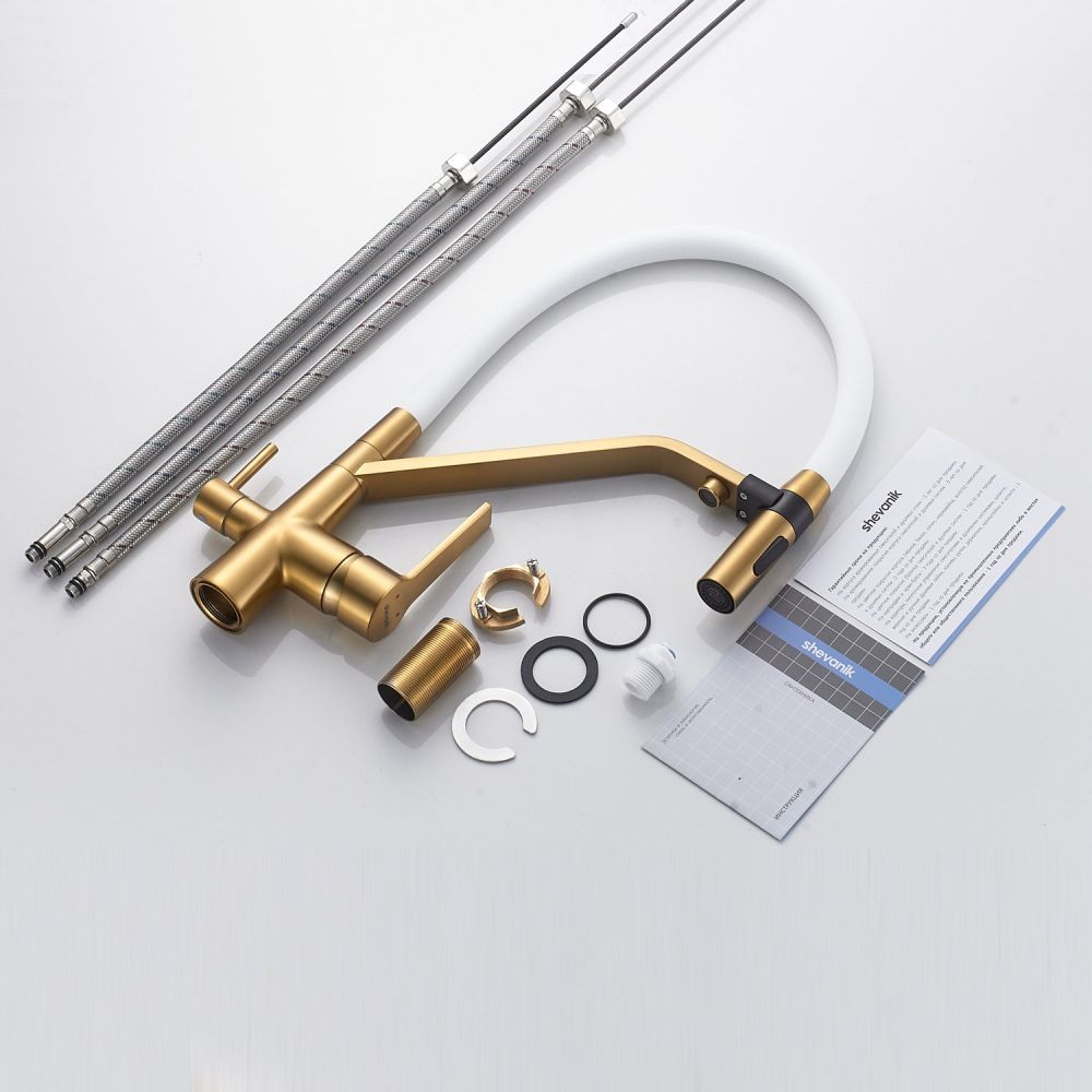 Смеситель для кухни с гибким изливом и подключением фильтра Shevanik S278G, золотой сатин