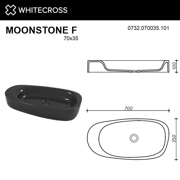 Умывальник WHITECROSS Moonstone F 70x35 (черный глянец) иск. камень Умывальник WHITECROSS Moonstone F 70x35 (черный глянец) иск. камень
