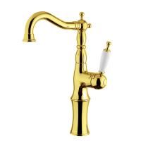 OXFORD Смеситель для раковины моноком. высокий, ручка белая, золото