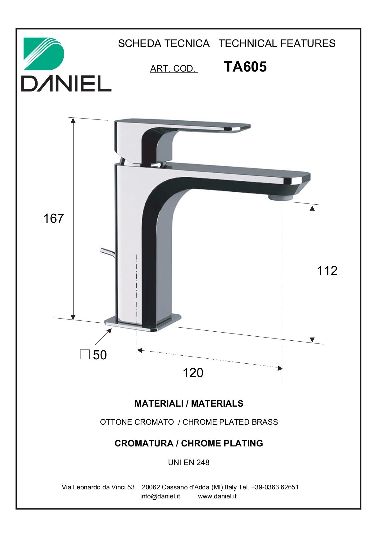 Daniel Tiara, однорычажный смеситель для раковины с донным клапаном, цвет матовый зачищенный никель