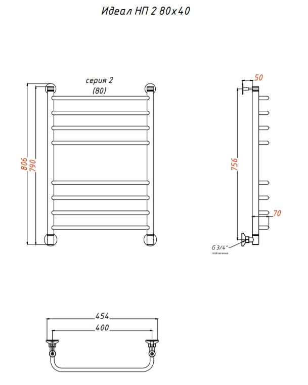 Водяной полотенцесушитель Тругор Идеал 2 НП 80x40 Хром