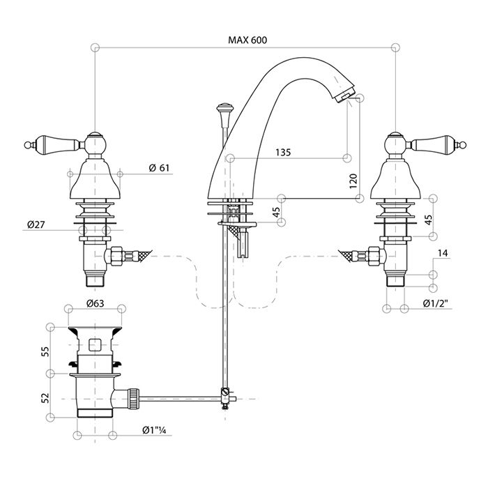 Bongio Capri Смеситель для раковины на 3 отверстия с высоким носиком, хром, артикул 17501CR00