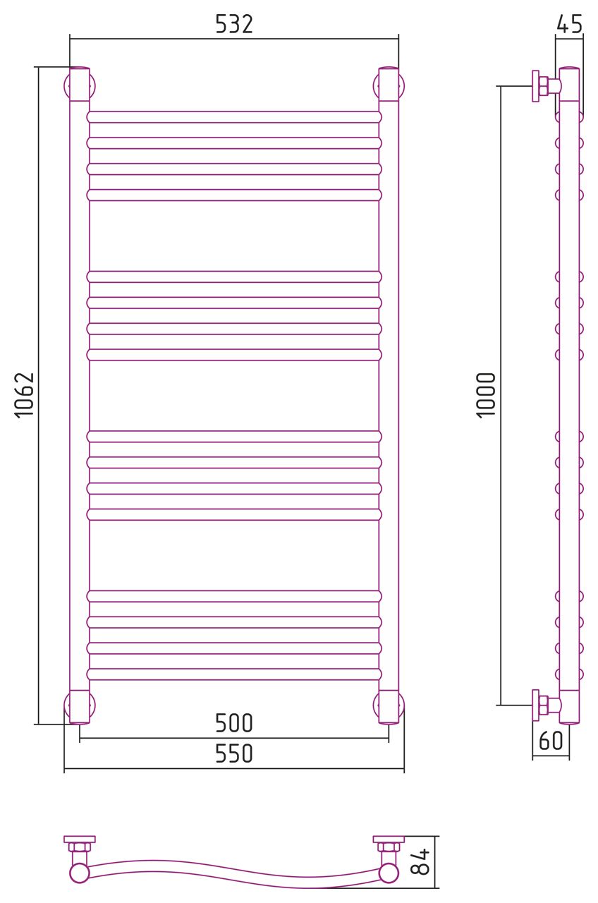 Полотенцесушитель, Сунержа, Флюид+, водяной, ширина, мм-550, глубина, мм-84, высота, мм-1062, межосевое расстояние-500, подключение-диагональное/нижнее/вертикальное, мощность, Вт-583, присоединительный размер-НР G 1/2" / НР G 3/4" (эксцентрик), материал-н