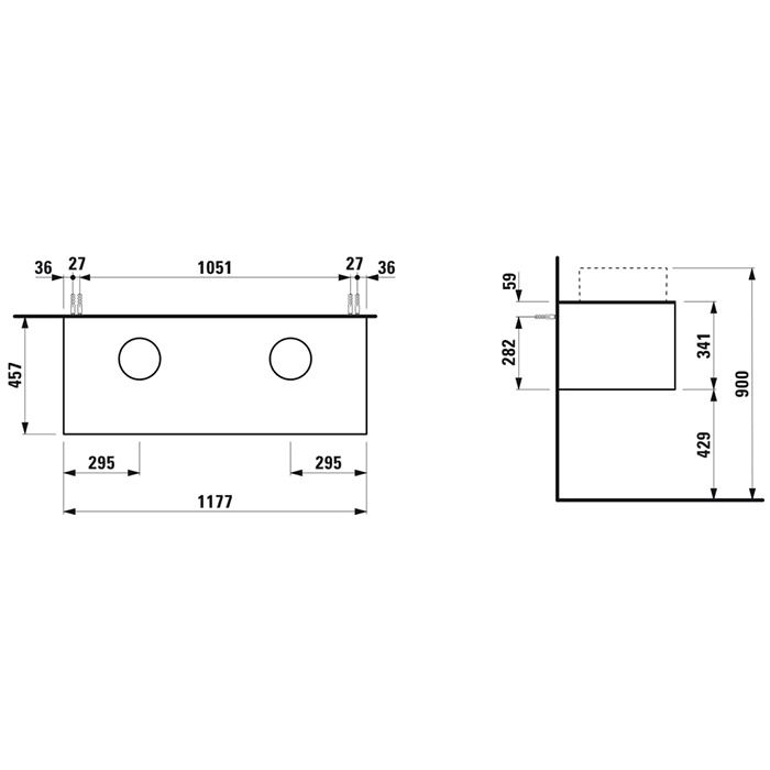 Тумба под раковину, Laufen, Sonar, ширина, мм-1175, глубина, мм-455, высота, мм-340, тип установки-подвесной, раковина-необходимо заказать, вырез под раковину-два (слева и справа), монтаж раковины-накладной, столешница-в комплекте, материал столешницы-иск, артикул 4.0542.4.034.141.1