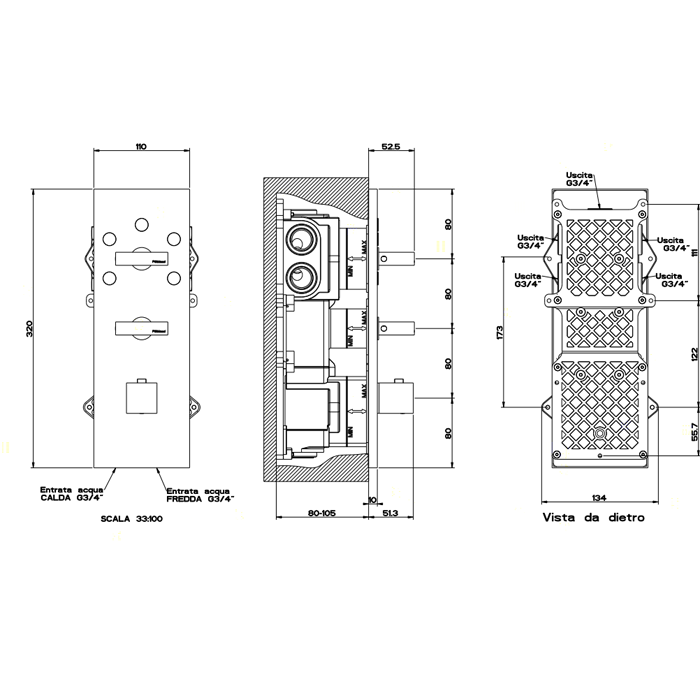 Gessi Rettangolo Встраиваемый термостат, подключение на 3/4”, с 5ю выходами и селектором(внешние части), цвет: хром