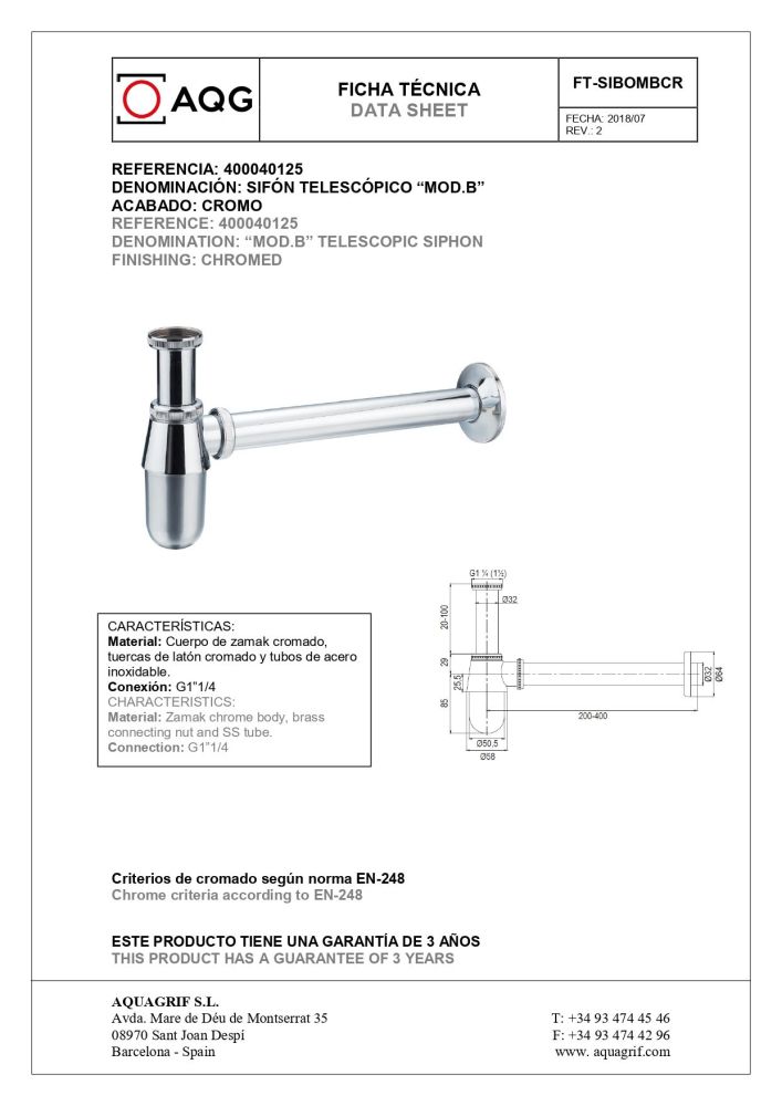 AQG, круглый бутылочный сифон MOD.B 1”1/4 из латуни, цвет хром, артикул 400040125