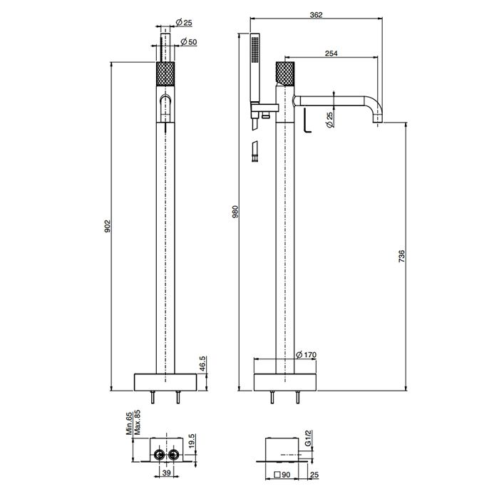 Fima Carlo Frattini Spillo Tech Смеситель для ванны, напольный, с ручным душем, цвет: чёрный матовый