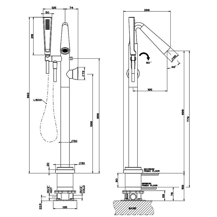 GESSI CONO Смеситель для ванны напольный, с ручным душем и шлангом 1500 мм., внешняя часть, цвет Black Metal PVD