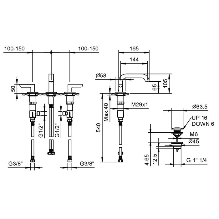 Fantini Icona Deco Смеситель для раковины, 3 отв., с нажимн. донным клапаном, излив 145мм, цвет: хром
