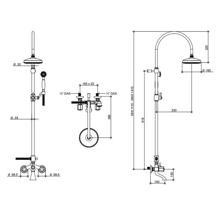 Bongio Fleur Blanc Смеситель для ванны - с изливом, душевой стойкой с верхним и ручным душем,  цвет хром/белый фарфор