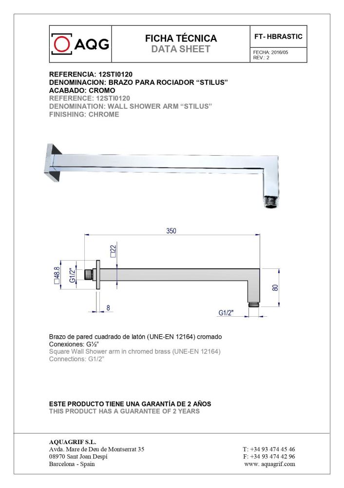 AQG, настенный квадратный кронштейн  STILUS длиной 35 см, для верхнего душа, цвет хром, артикул 12STI0120