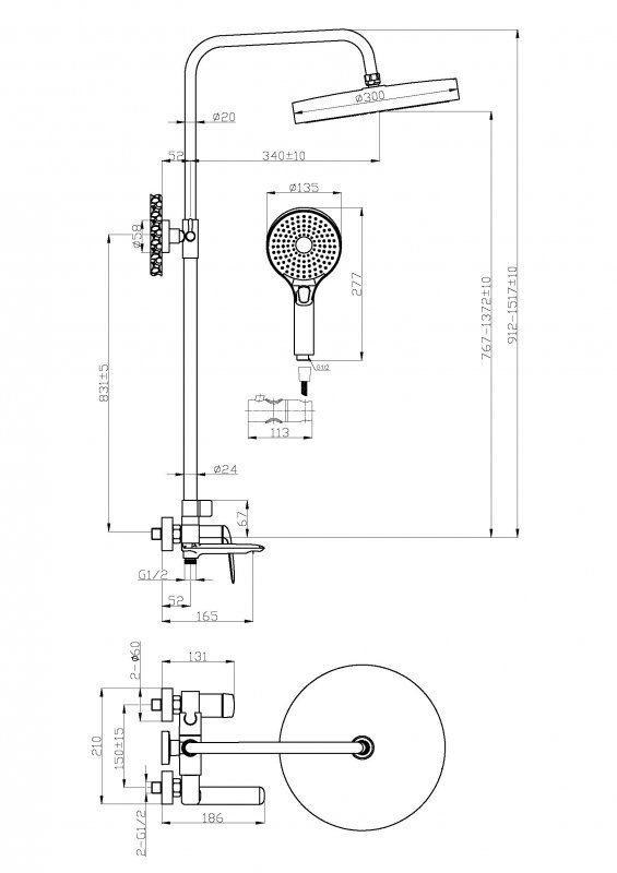 METAURO-CVD-GM Душевая стойка со смесителем и изливом, оружейная сталь, артикул METAURO-CVD-GM