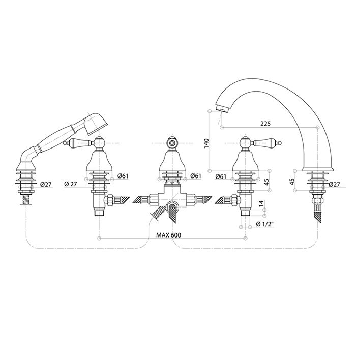 BONGIO CAPRI Смеситель на борт ванны на 5 отверстий, с ручным душем, цвет золото