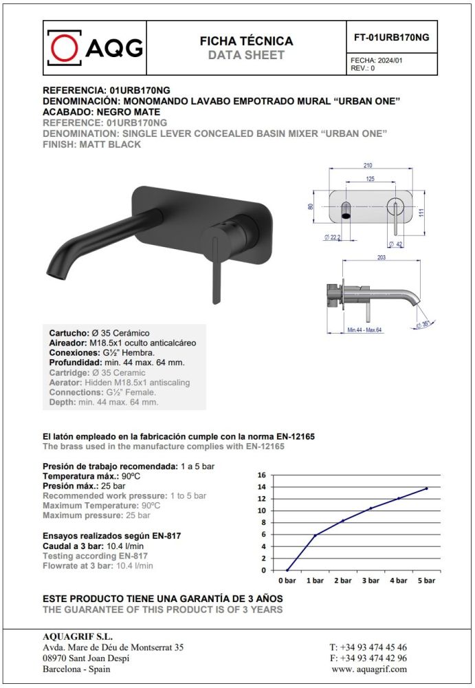 AQG Urban One, встраиваемый в стену однорычажный смеситель для раковины, цвет черный матовый, артикул 01URB170NG