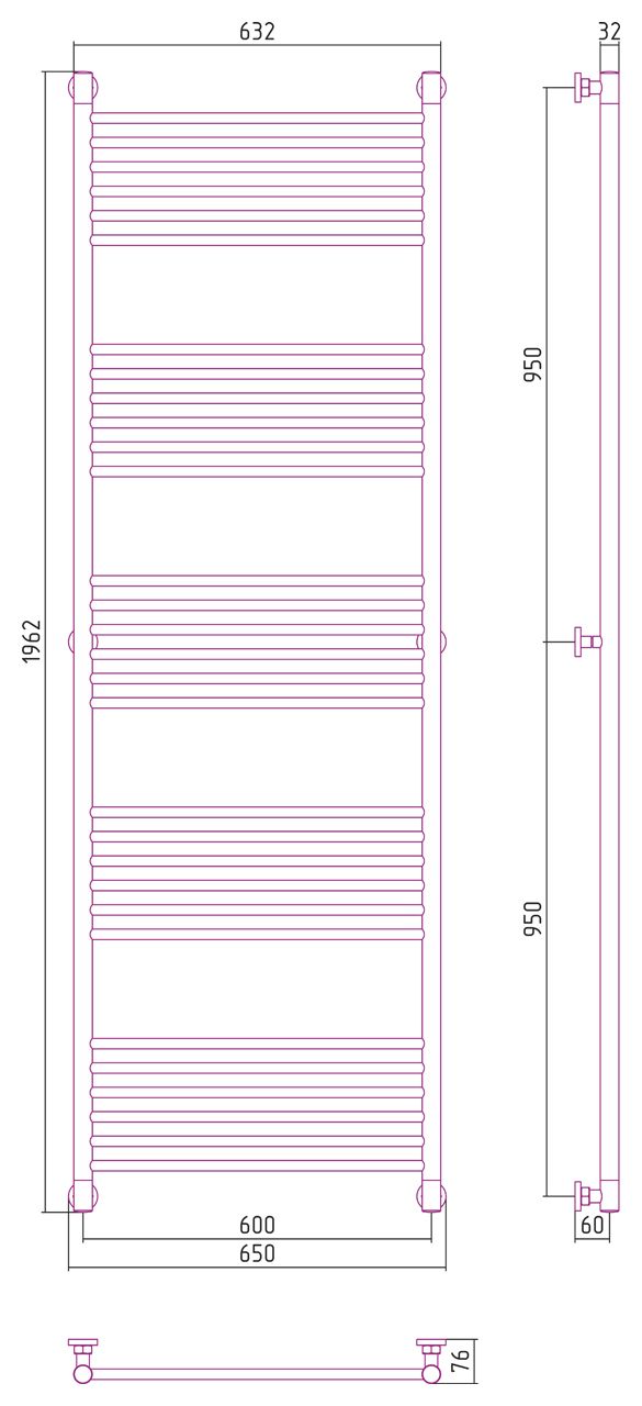 Полотенцесушитель водяной "Богема+" прямая 1900х600 (Белый) Полотенцесушитель водяной "Богема+" прямая 1900х600 (Белый)