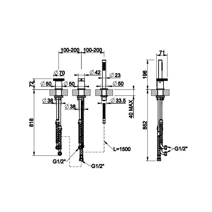Gessi Anello Смеситель для ванны на 3 отверстия, девиатор, шланг, лейка. Наполнение через слив-перелив, цвет: хром