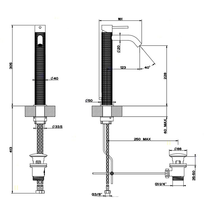 GESSI 316 Смеситель для раковины на 1 отверстие, высокий h=305мм, с донным клапаном, излив 123мм, цвет: steel brushed