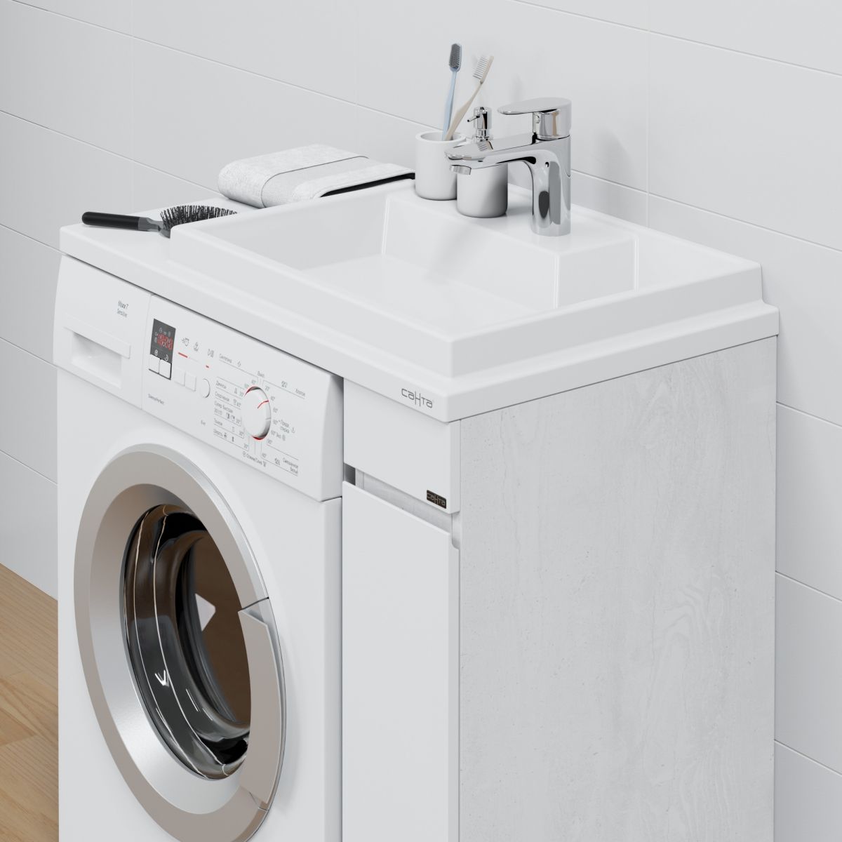 Тумба под раковину над стиральной машиной напольная "Марс- 19" светлая 1 дверь, (ум. Юпитер 800*500 литой мрамор)