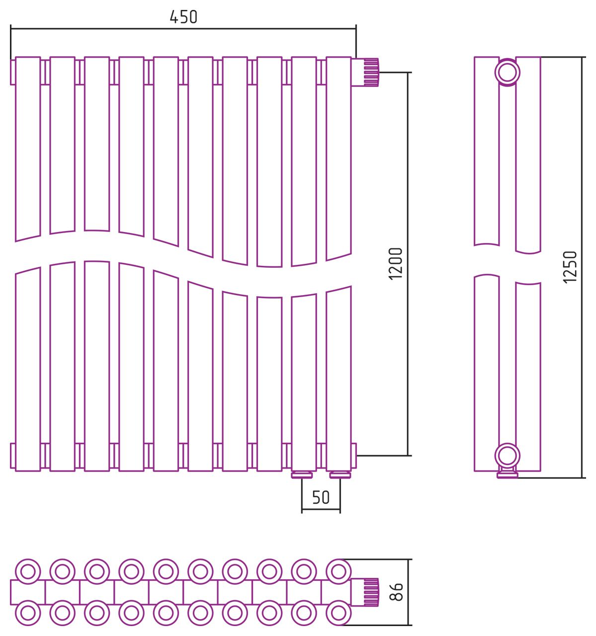 Отопительный радиатор ЭСТЕТ-00 н/ж EU50 1200х450 / 10 сек (МУАР Темный Титан)